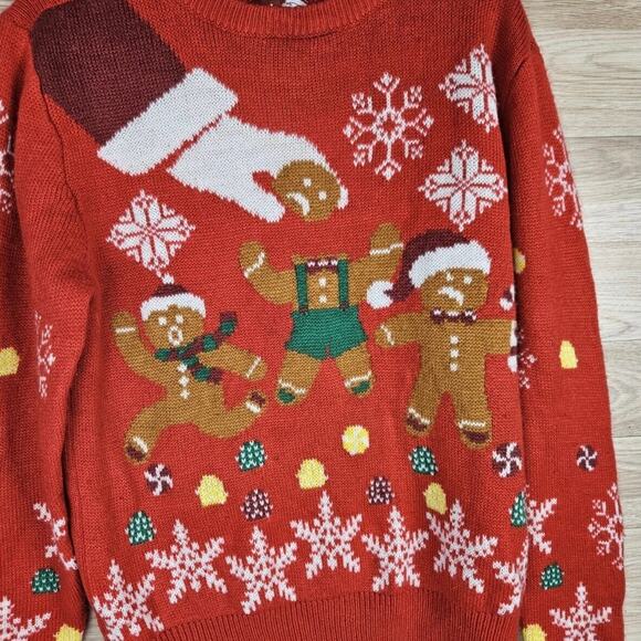 Party Sweater December 25th Red Gingerbread Knit Novelty Ugly Sweater Medium - Picture 2 of 4